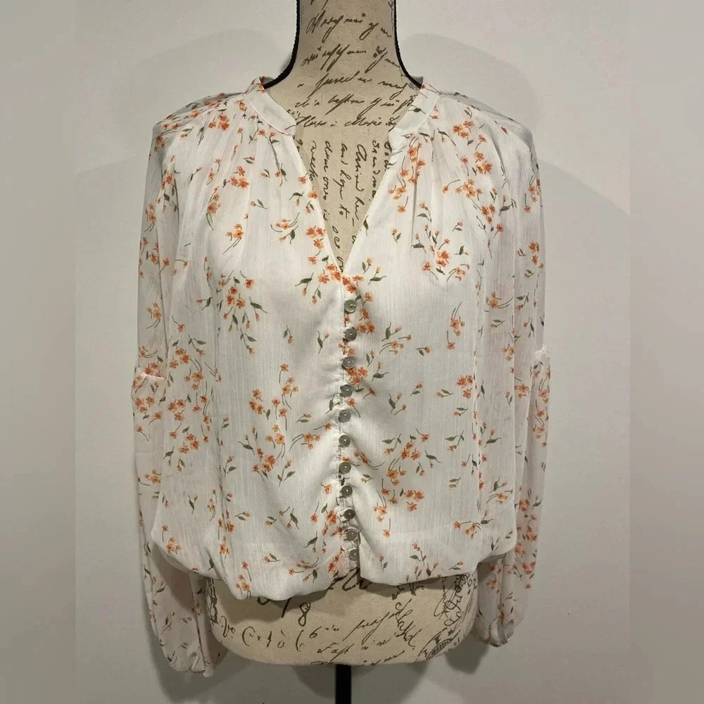 Lumiere Long Balloon Sleeve White Floral Chiffon Blouse Size Large